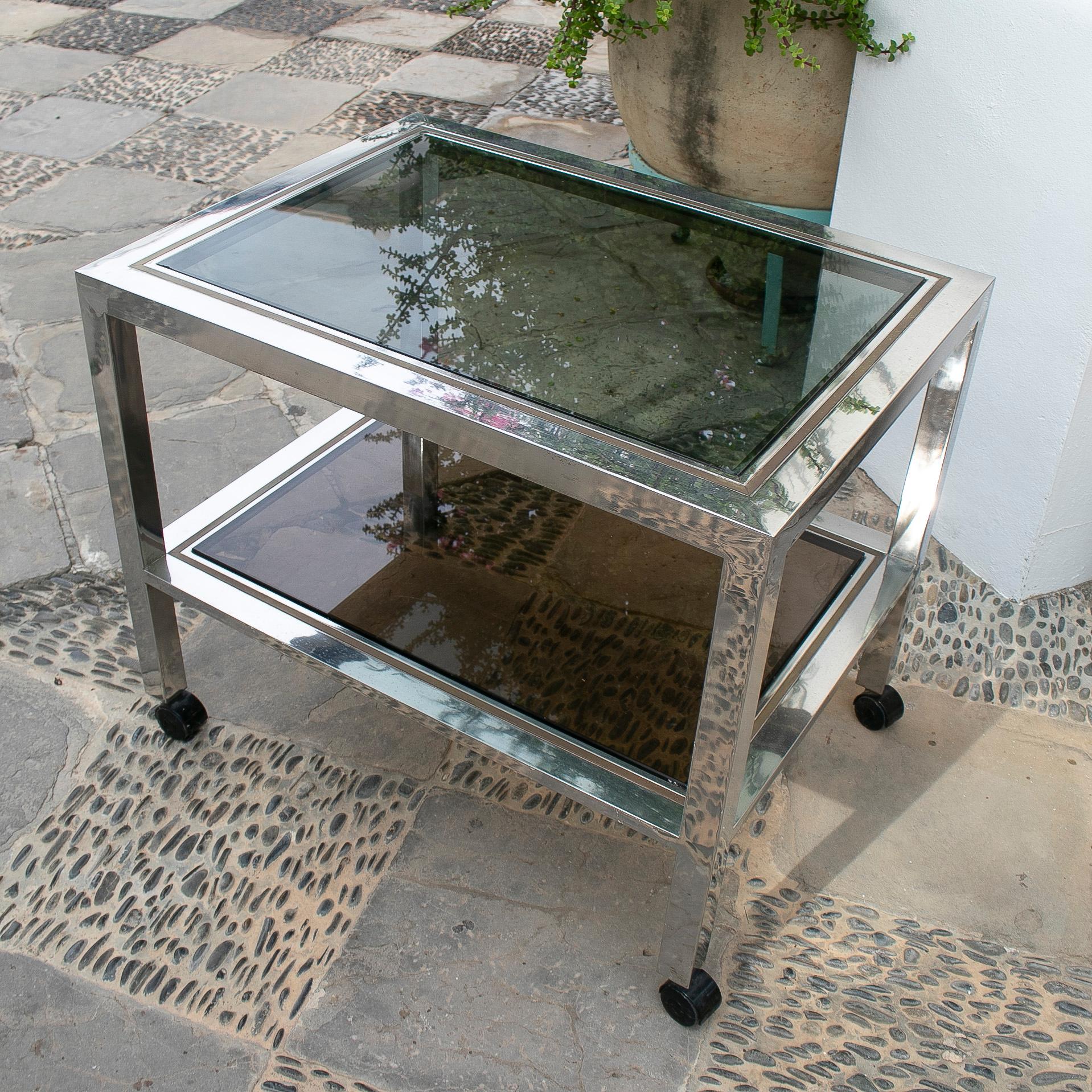 1970's Willy Rizzo Style Steel TV Side Table with Wheels In Good Condition For Sale In Marbella, ES