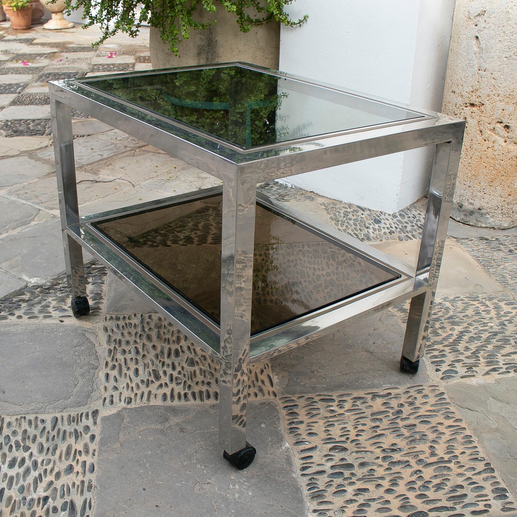 Stainless Steel 1970's Willy Rizzo Style Steel TV Side Table with Wheels For Sale