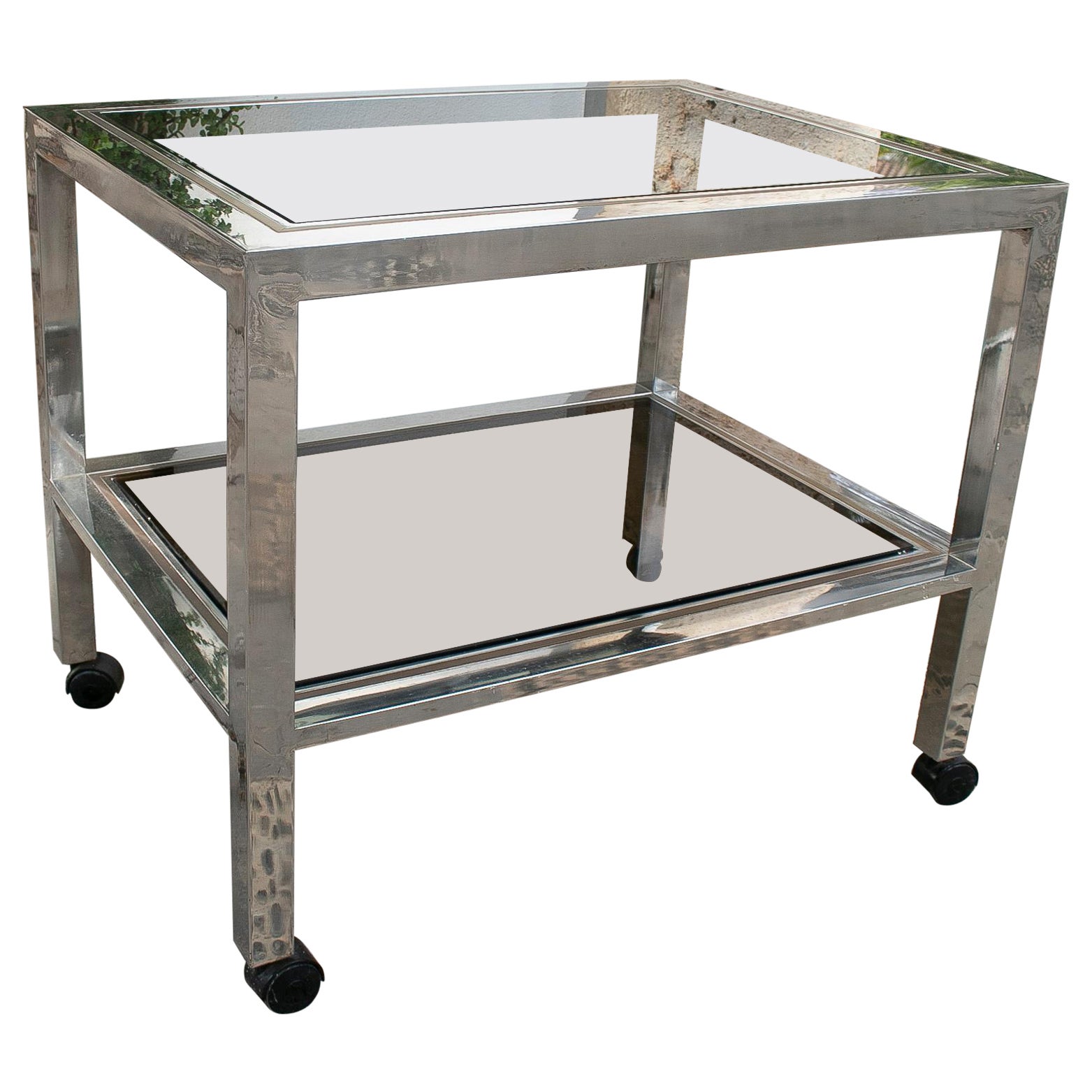 1970's Willy Rizzo Style Steel TV Side Table with Wheels