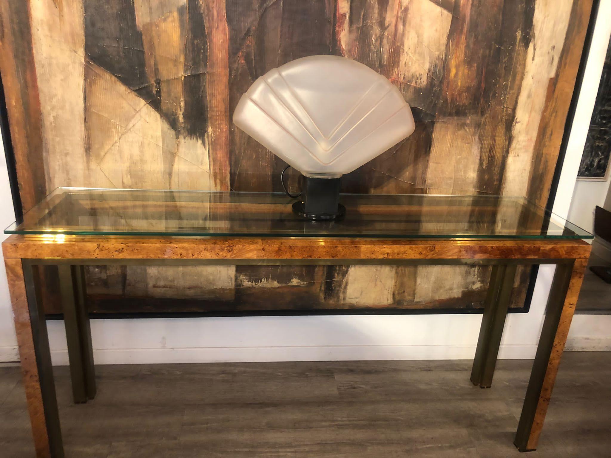 1970s Willy Rizzo Walnut Veneer and Brass Table Console For Sale 1