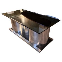 1970s Smoked Glass Rotating Top Black Wood Steel Coffee Table
