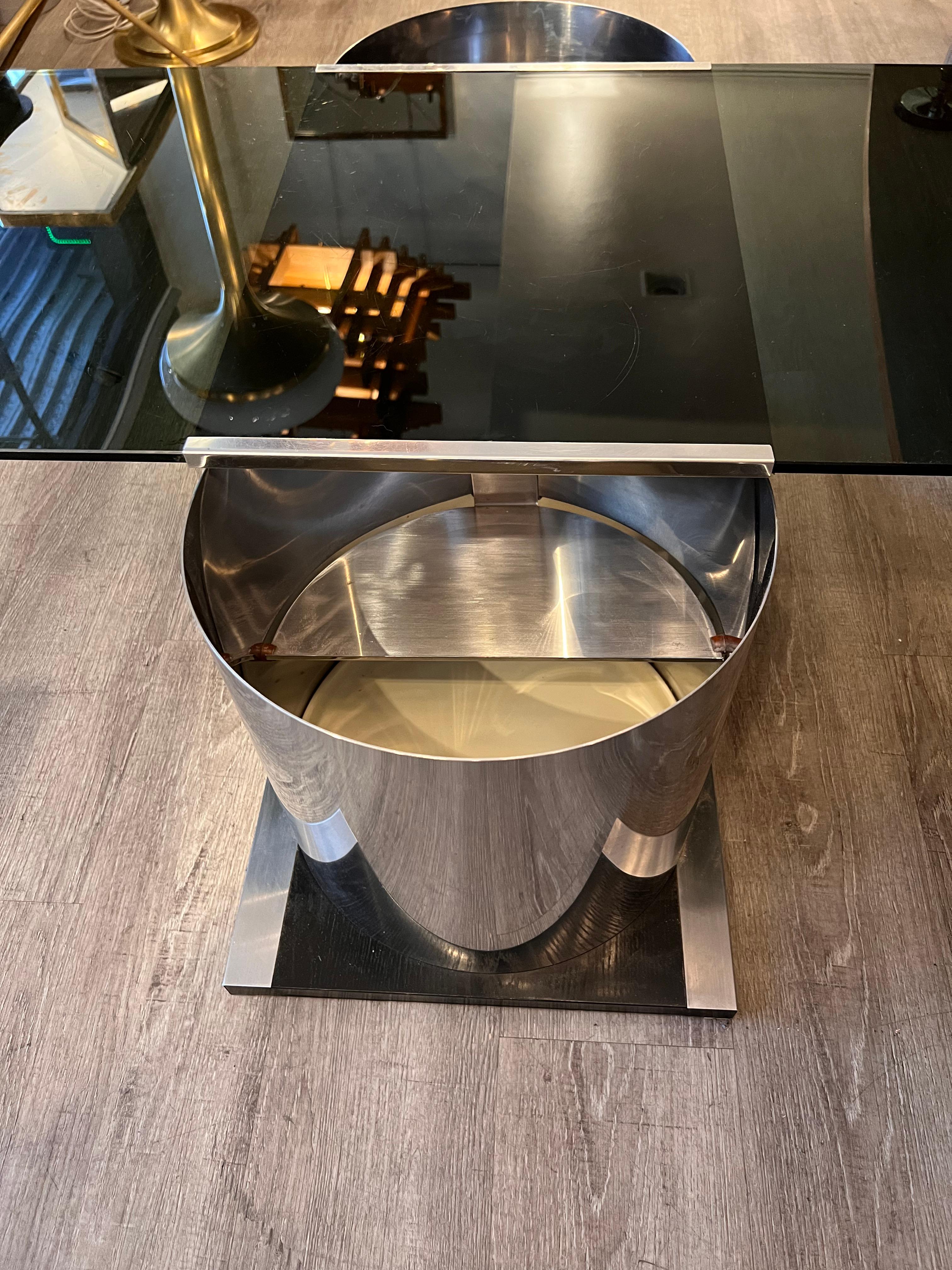Italian 1970s Wily Rizzo Smoked Glass Rotating Top Black Wood Steel Coffee Table Bar For Sale
