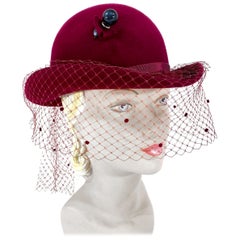 1970s Wine Felt Derby With Hatpin and Veil