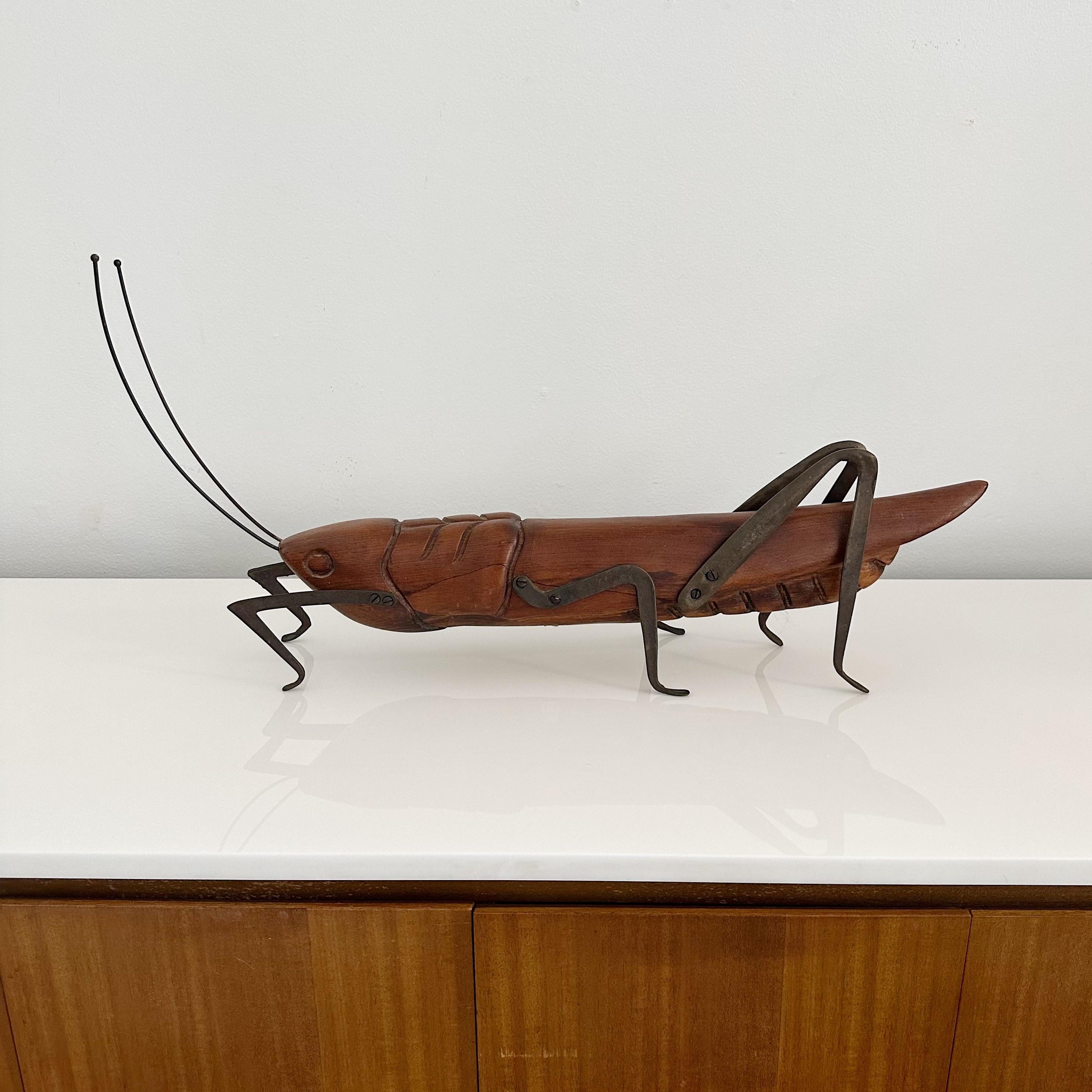 Mid-Century Modern 1970's Wood and Brass Sarreid Grasshopper Sculpture For Sale