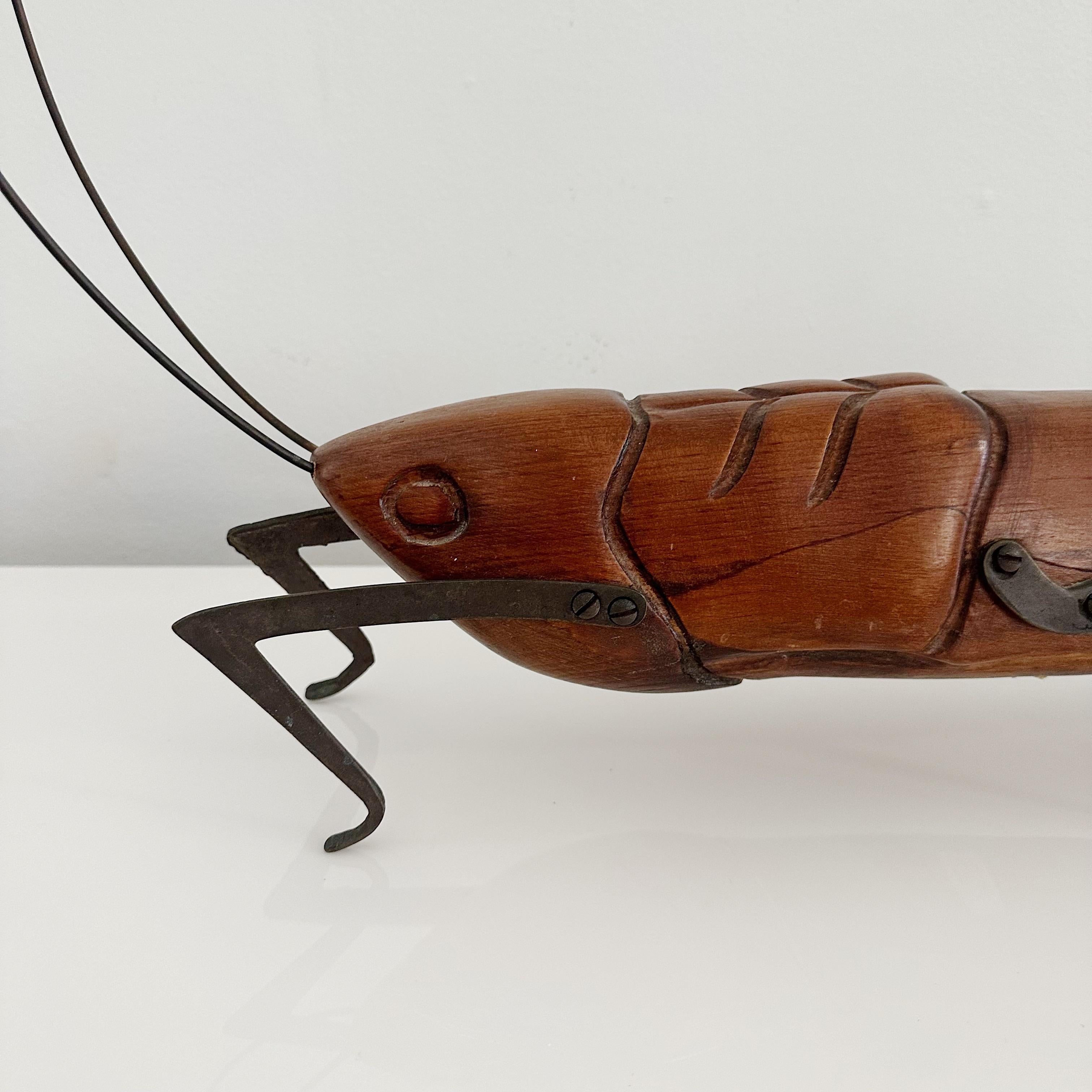 Hand-Carved 1970's Wood and Brass Sarreid Grasshopper Sculpture For Sale
