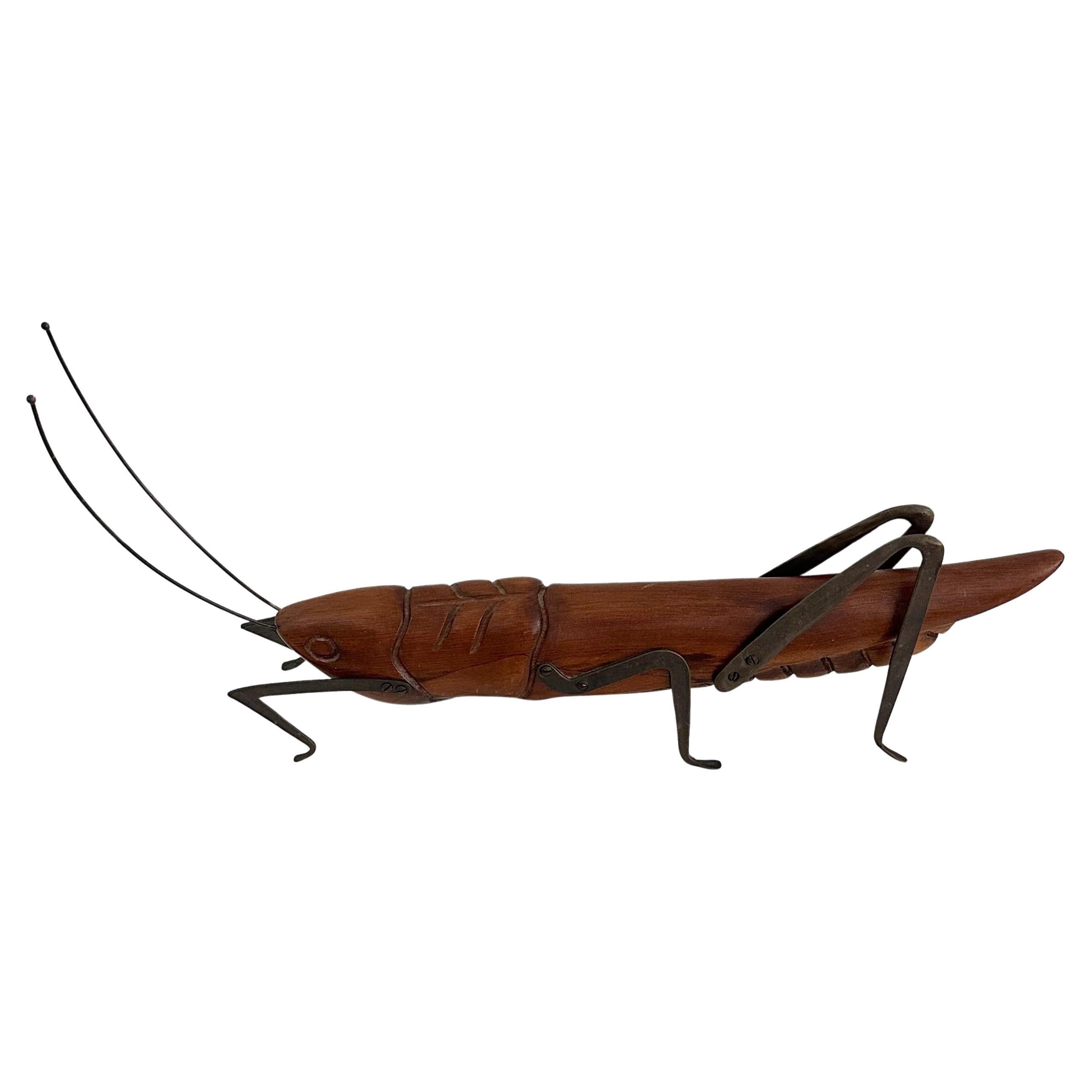 1970's Wood and Brass Sarreid Grasshopper Sculpture For Sale