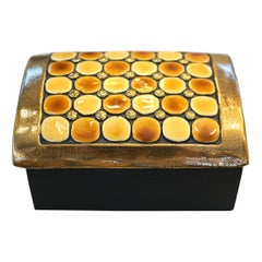 1970s Wood and Ceramic Box with Yellow and Gold Detailing
