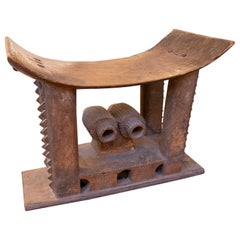 1970s Wood Carved Stool with Geometric Decorations