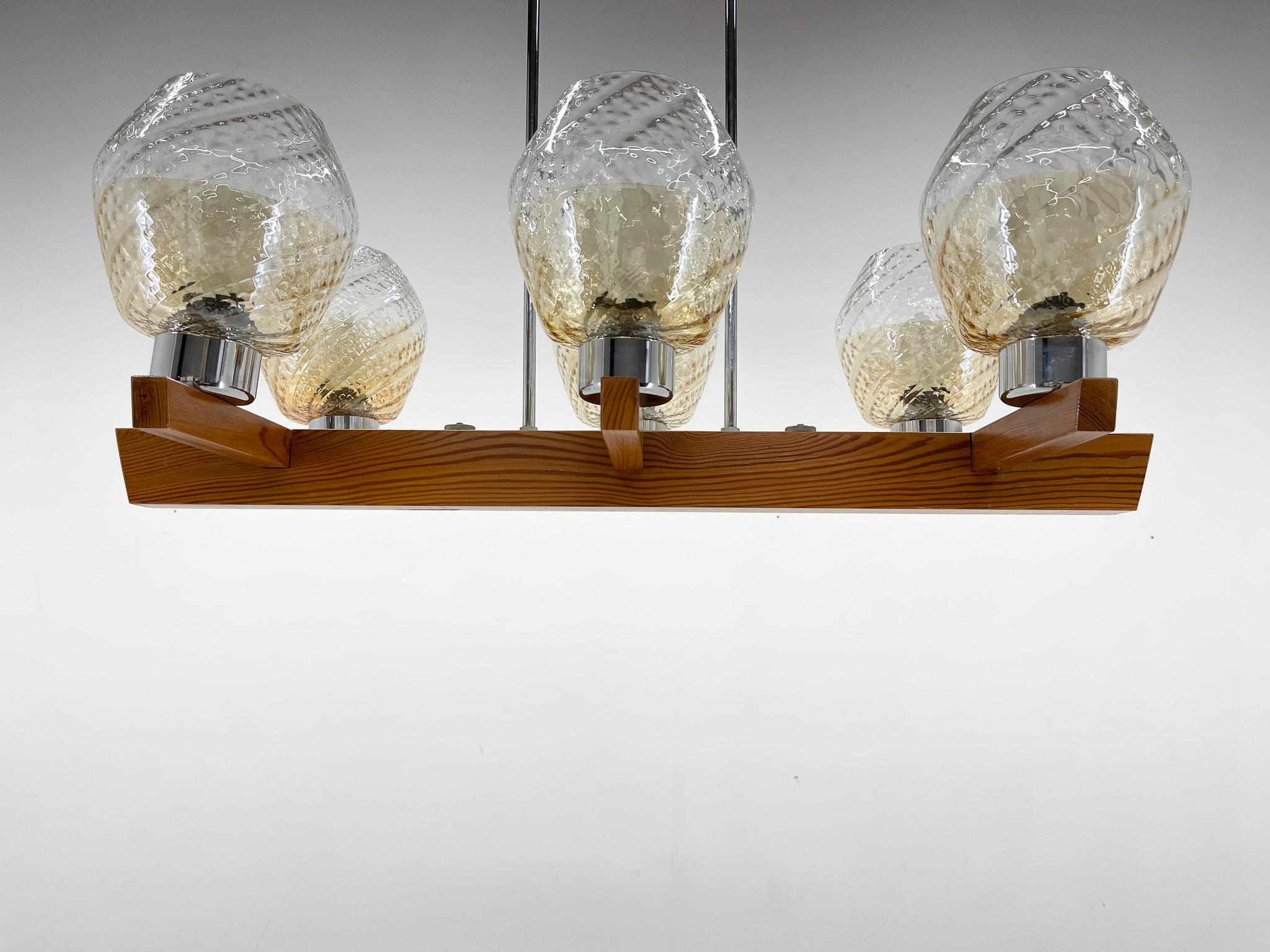 Czech 1970's Wood, Chrome & Glass Chandelier by Elektroinstala Decin, Labeled