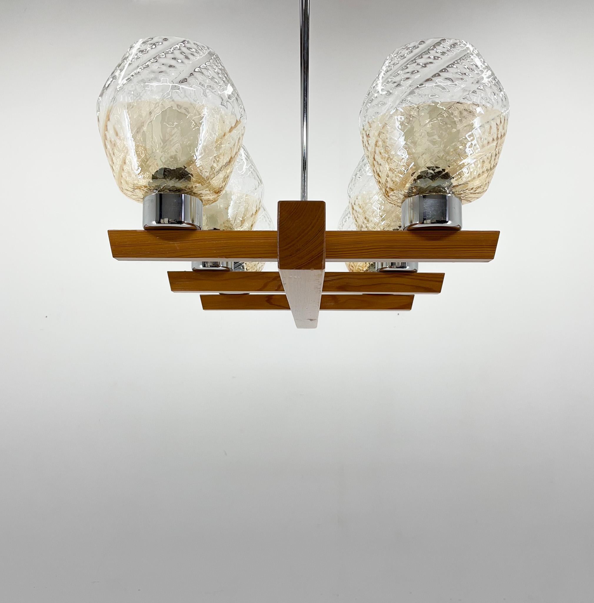 1970's Wood, Chrome & Glass Chandelier by Elektroinstala Decin, Labeled In Good Condition For Sale In Praha, CZ
