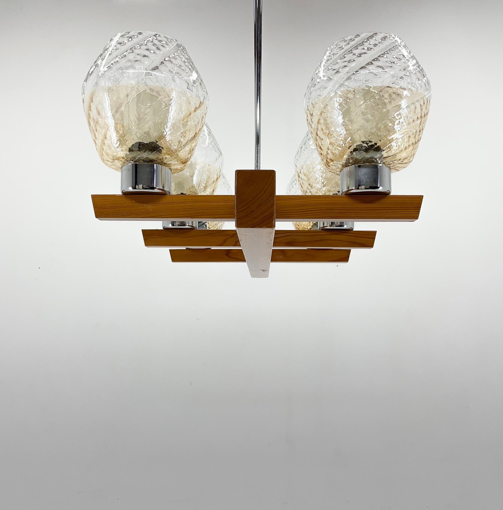 1970's Wood, Chrome & Glass Chandelier by Elektroinstala Decin, Labeled In Good Condition In Praha, CZ