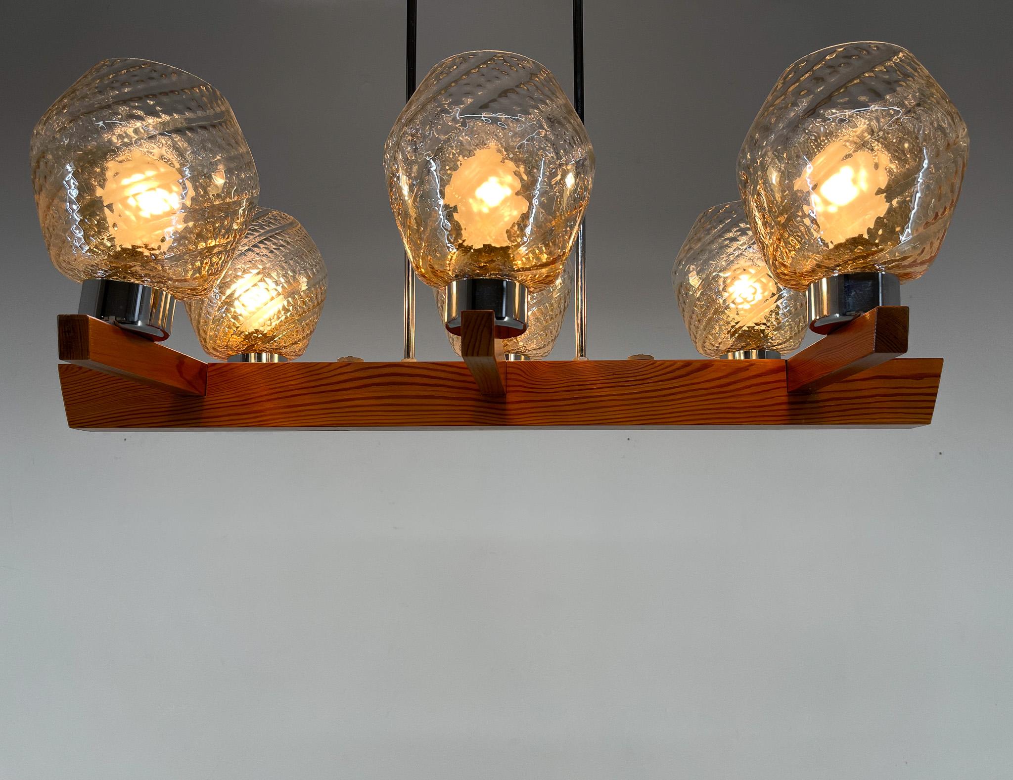 1970's Wood, Chrome & Glass Chandelier by Elektroinstala Decin, Labeled 2