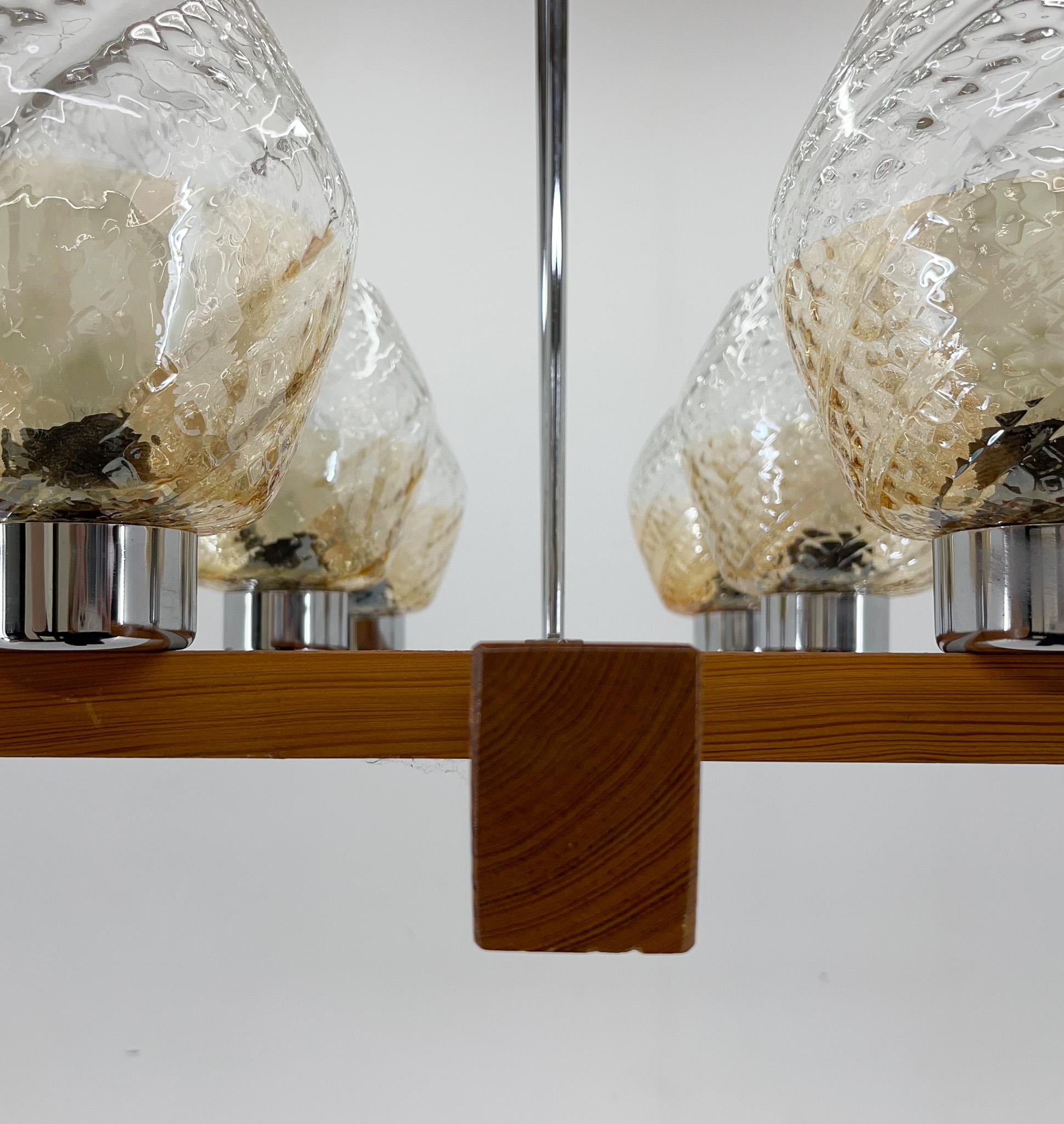 1970's Wood, Chrome & Glass Chandelier by Elektroinstala Decin, Labeled For Sale 3