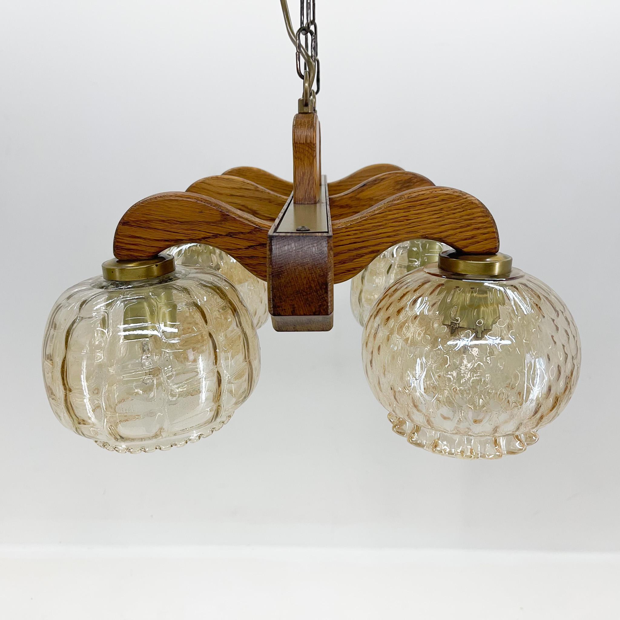 20th Century 1970's Wood & Glass Chandelier, Czechoslovakia For Sale