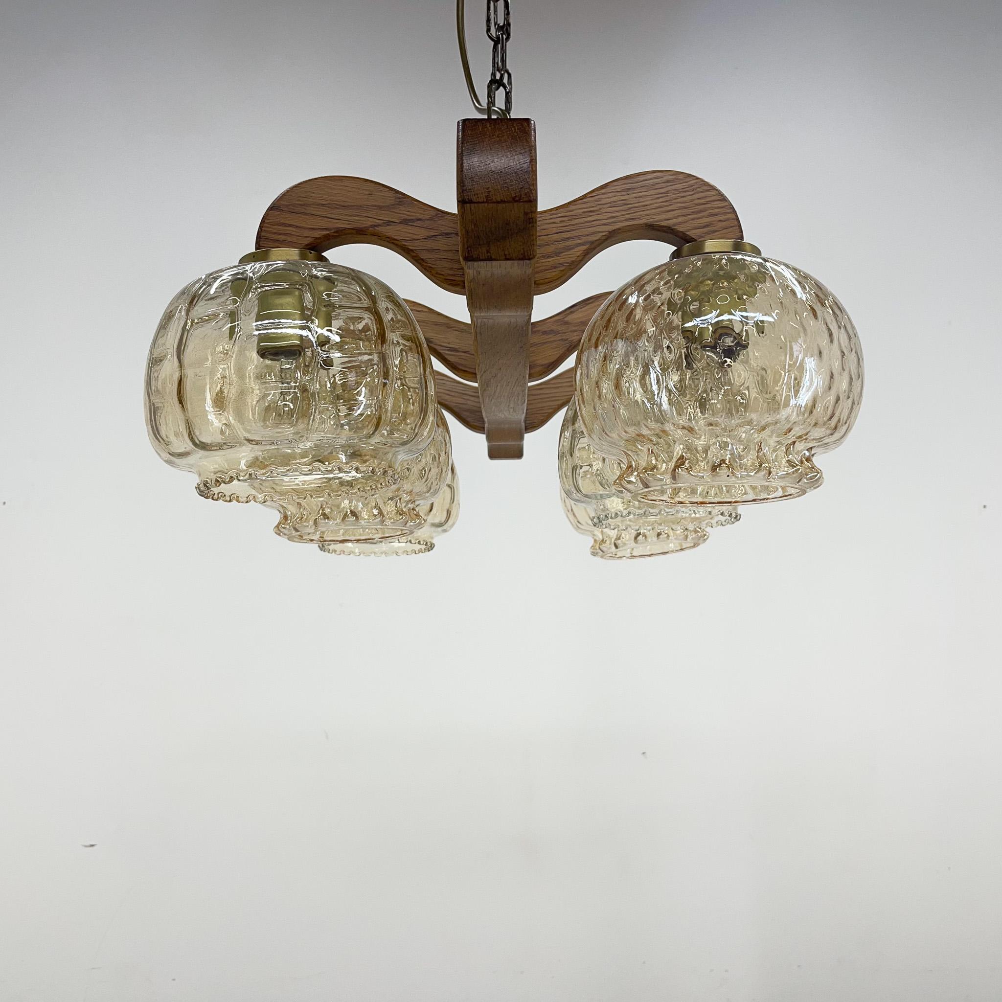 1970's Wood & Glass Chandelier, Czechoslovakia For Sale 1