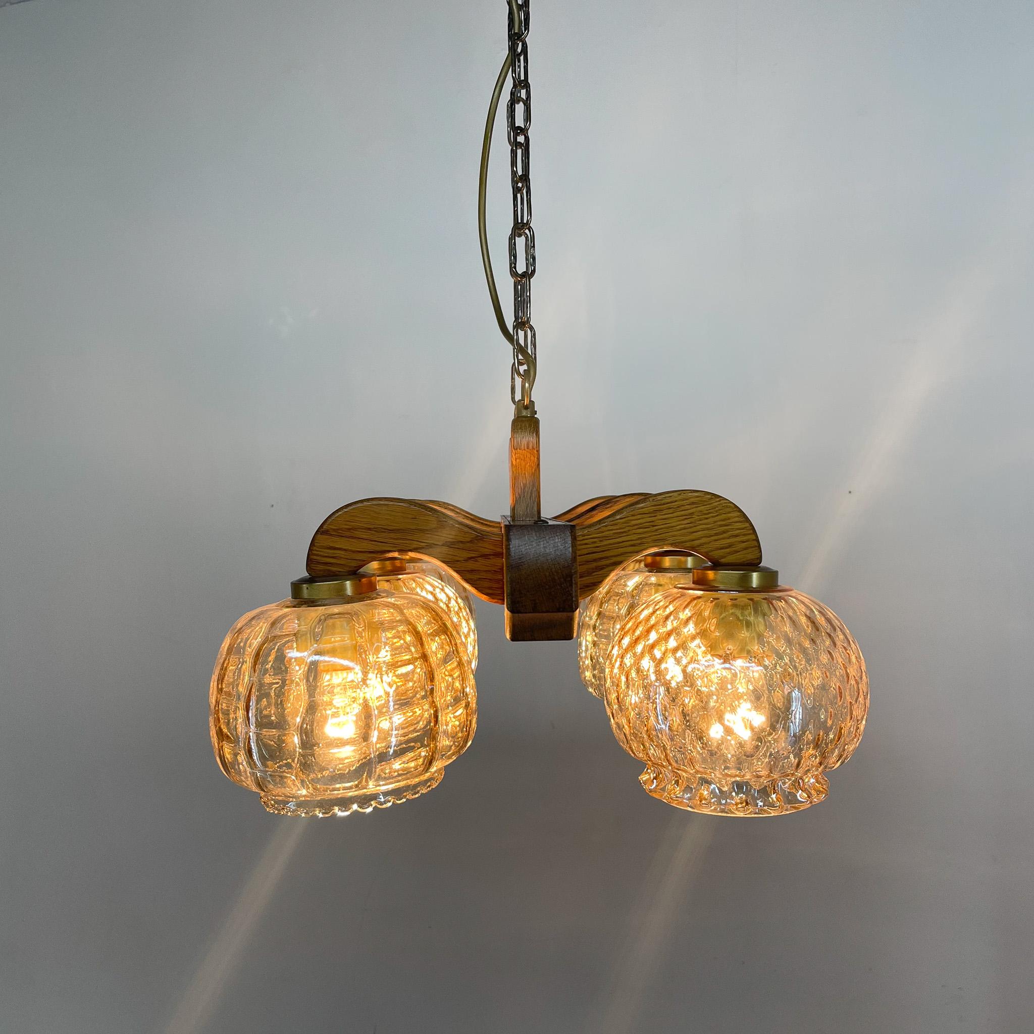 1970's Wood & Glass Chandelier, Czechoslovakia For Sale 2