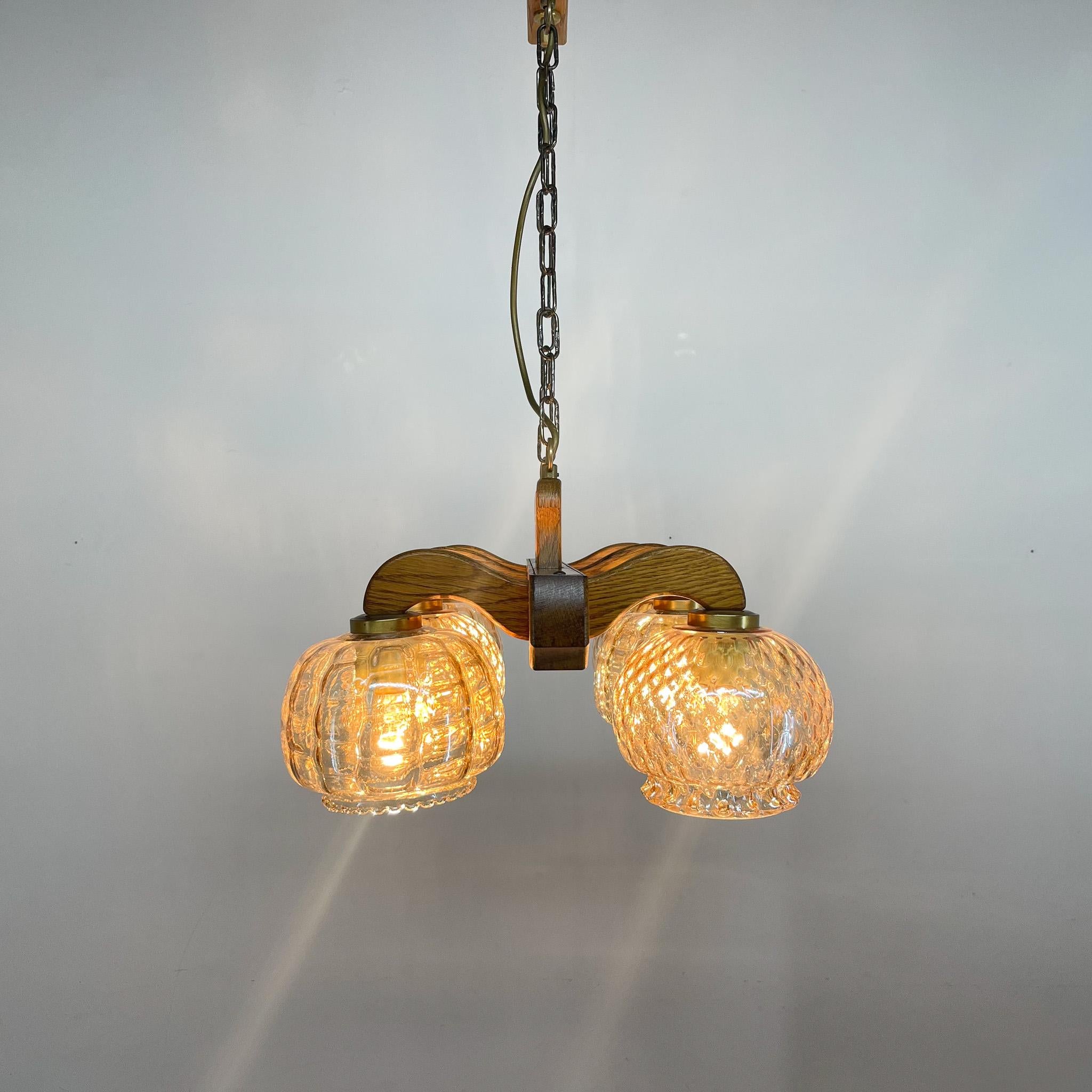 1970's Wood & Glass Chandelier, Czechoslovakia For Sale 3