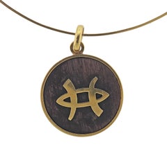 1970s Wood Gold Pisces Zodiac Sign Pendant Necklace