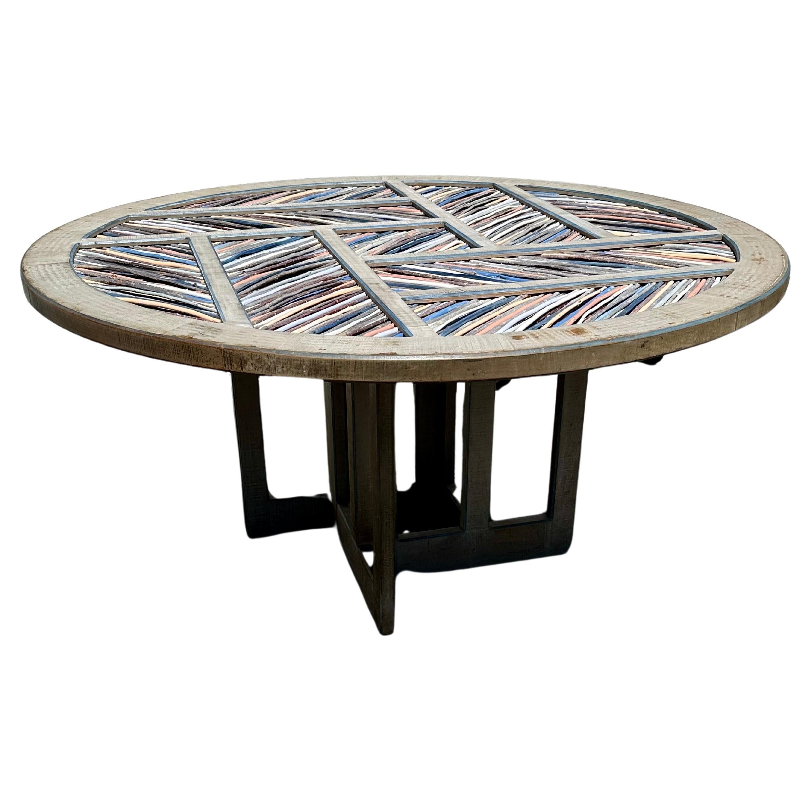1970s Rustic Round Wood Branches Inlaid Hand Painted Colorful Dining Table