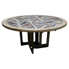 1970s Rustic Round Wood Branches Inlaid Hand Painted Colorful Dining Table