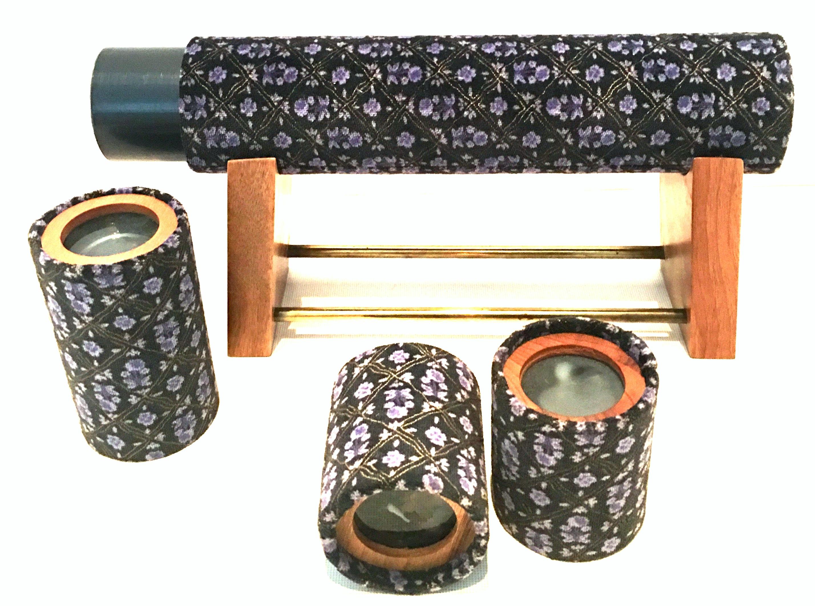 1970'S Wood & Velvet Hand Crafted Kaleidoscope Signed, C. Huber. This five piece set includes a teak wood and brass stand, kaleidoscope and three interchangeable viewers using natural elements of dried flowers and mini seashells. Main kaleidoscope
