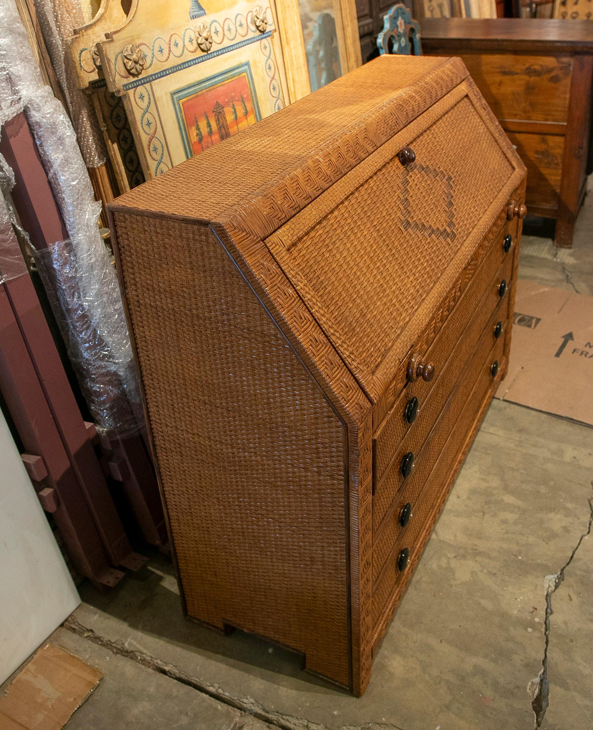1970s Wooden and Wicker Writing Desk with Folding Top and Drawers  For Sale 9