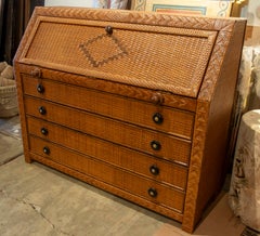 1970s Wooden and Wicker Writing Desk with Folding Top and Drawers
