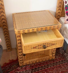 1970s Wooden Bedside Table Lined with Wicker and Three Drawers