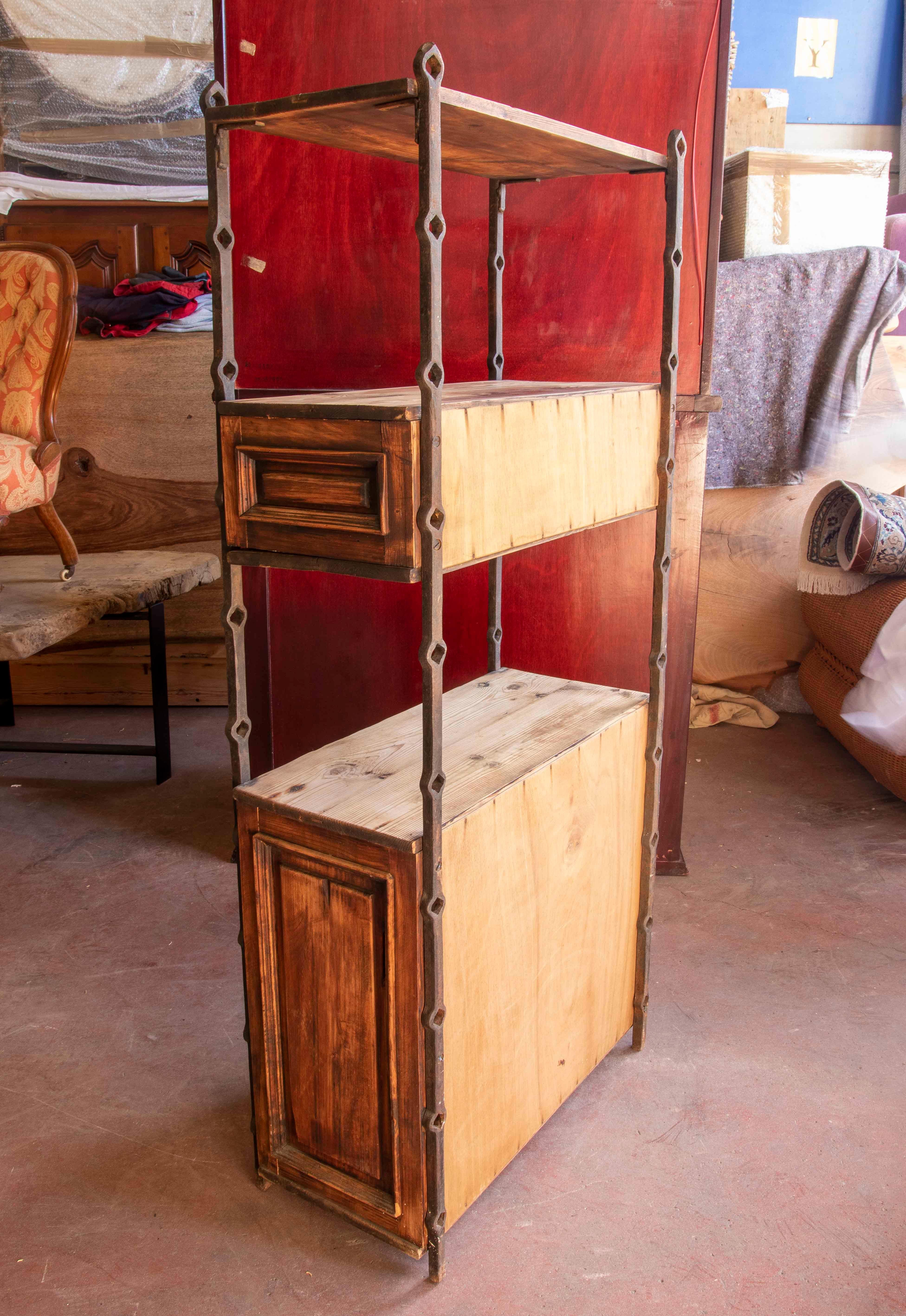 20th Century 1970s Wooden Bookshelf with Paneling and Iron Decoration  For Sale