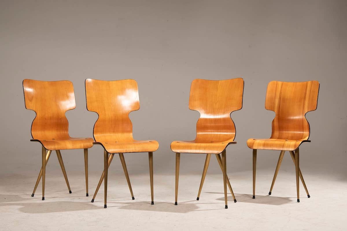 Modern 1970s Wooden Chairs With Brass Legs Set Of 4 For Sale