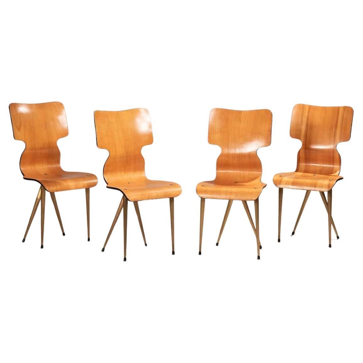 1970s Wooden Chairs With Brass Legs Set Of 4 For Sale