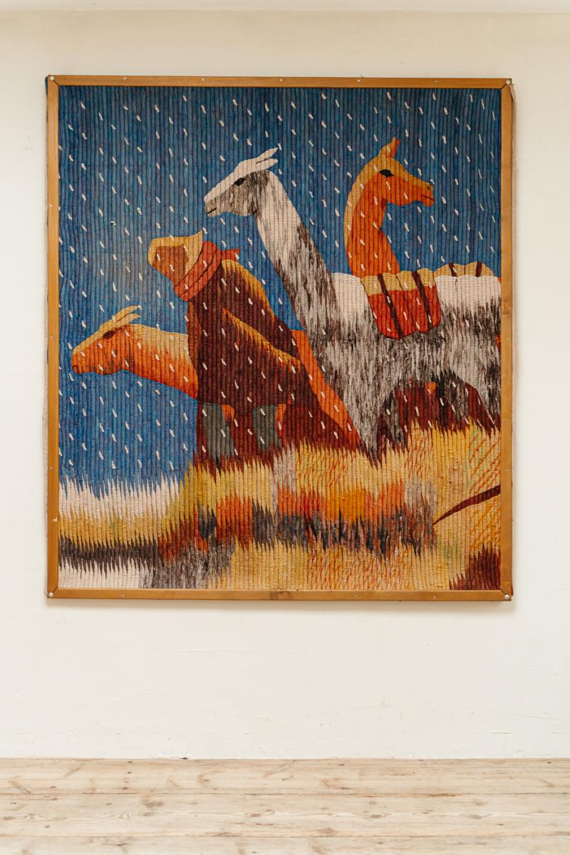 1970's are back with this woven tapestry in wooden frame, lama's and their shepherd on the altiplano ... 