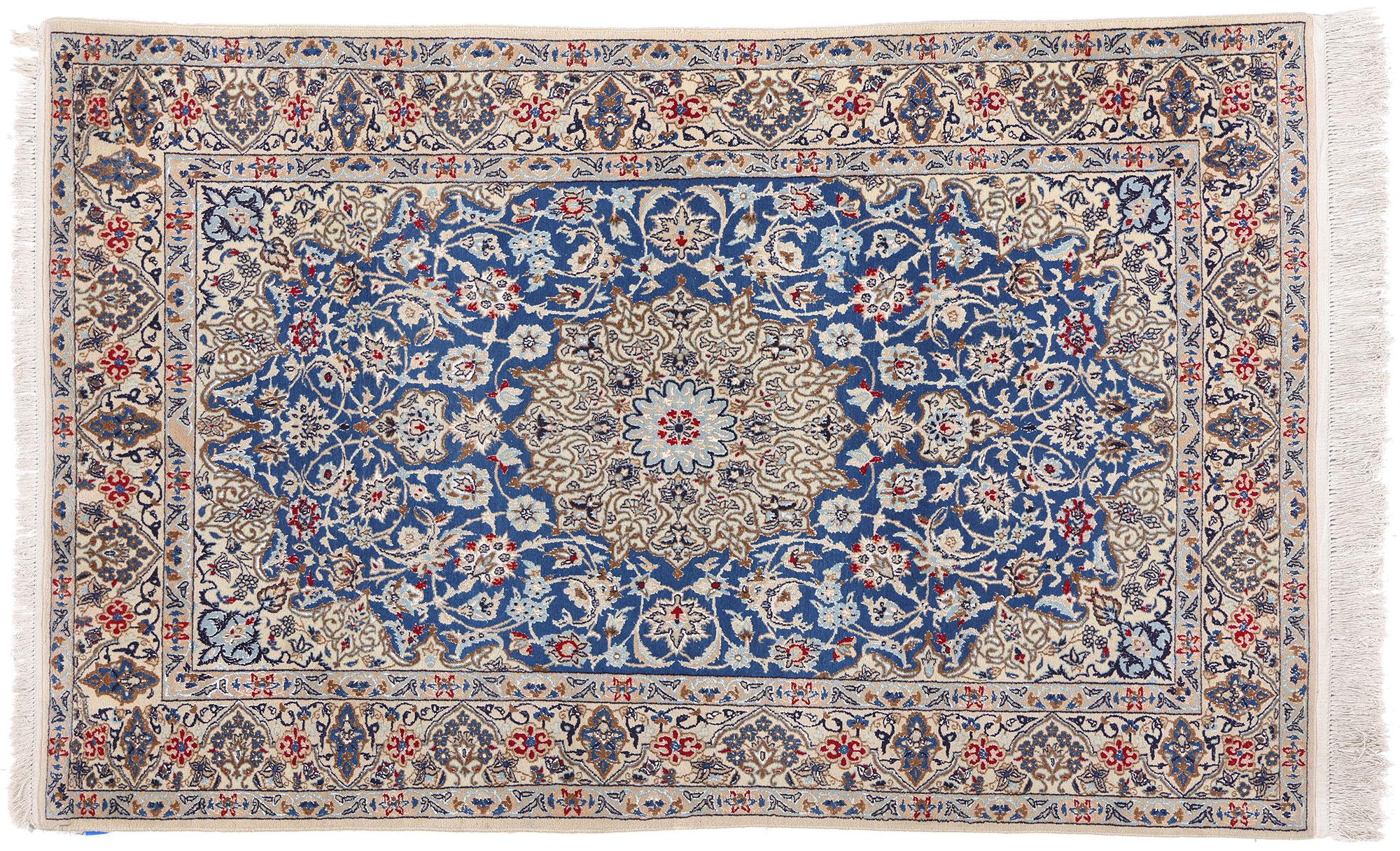 1970's Wool and Silk Ivory & Blue Persian Nain Carpet with Modern Style For Sale 4