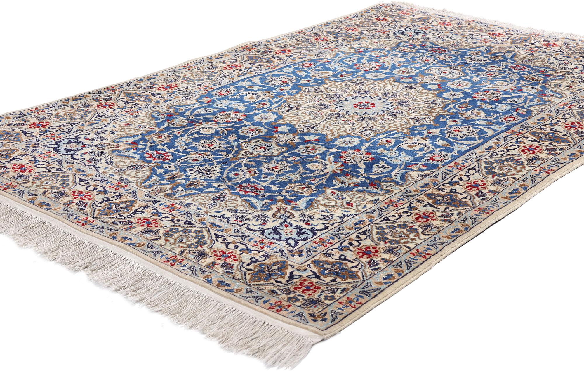 79139 Vintage Blue Persian Wool & Silk Nain Rug, 03'11 x 06'03. This exquisite hand-knotted wool and silk vintage Persian Nain rug is a masterful expression of refined elegance and meticulous craftsmanship. Woven in the legendary workshops of Nain,