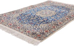 1970's Wool and Silk Ivory & Blue Persian Nain Carpet with Modern Style