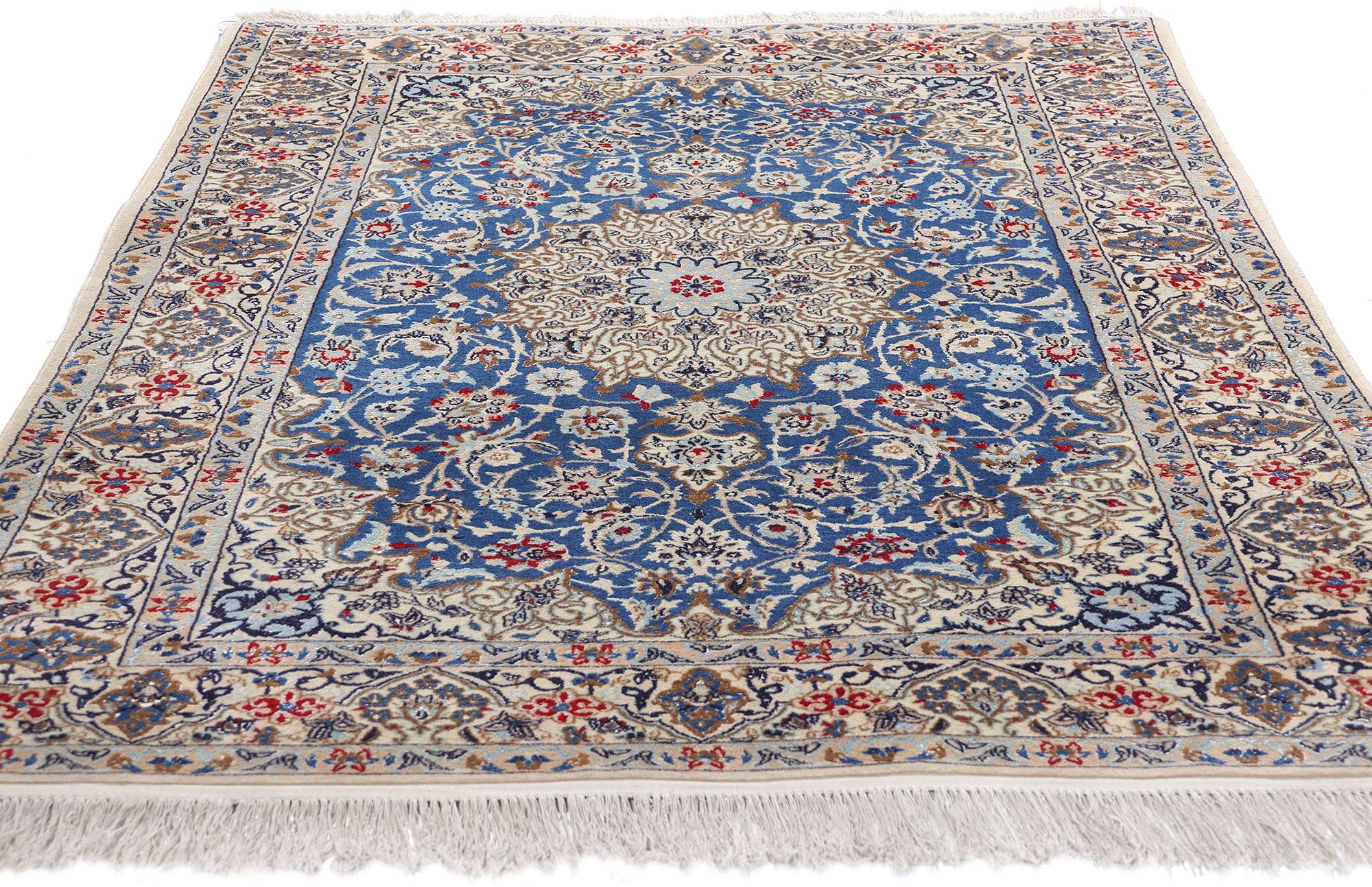 Bohemian 1970's Wool and Silk Ivory & Blue Persian Nain Carpet with Modern Style For Sale