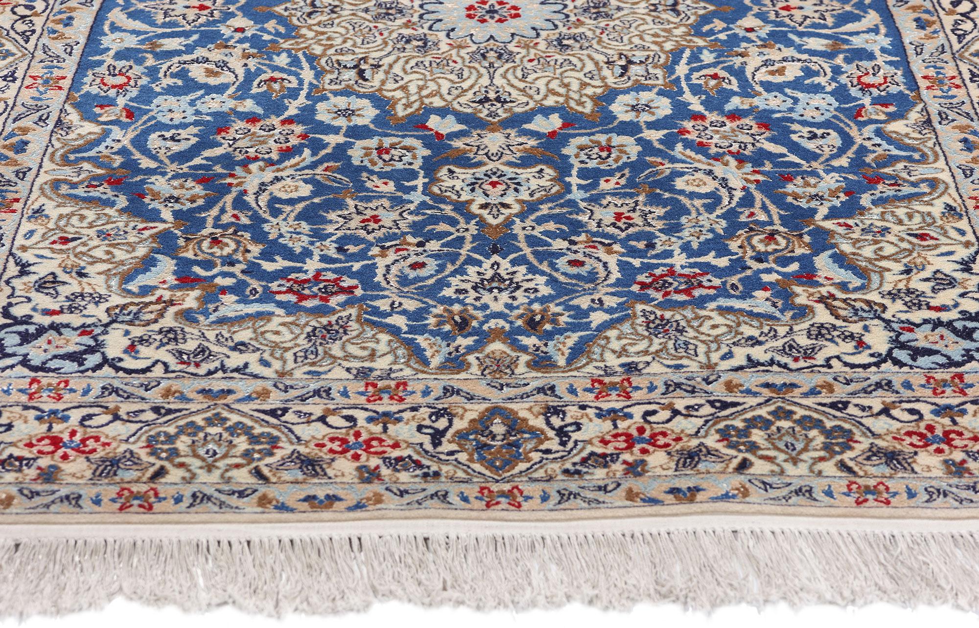 Hand-Knotted 1970's Wool and Silk Ivory & Blue Persian Nain Carpet with Modern Style For Sale