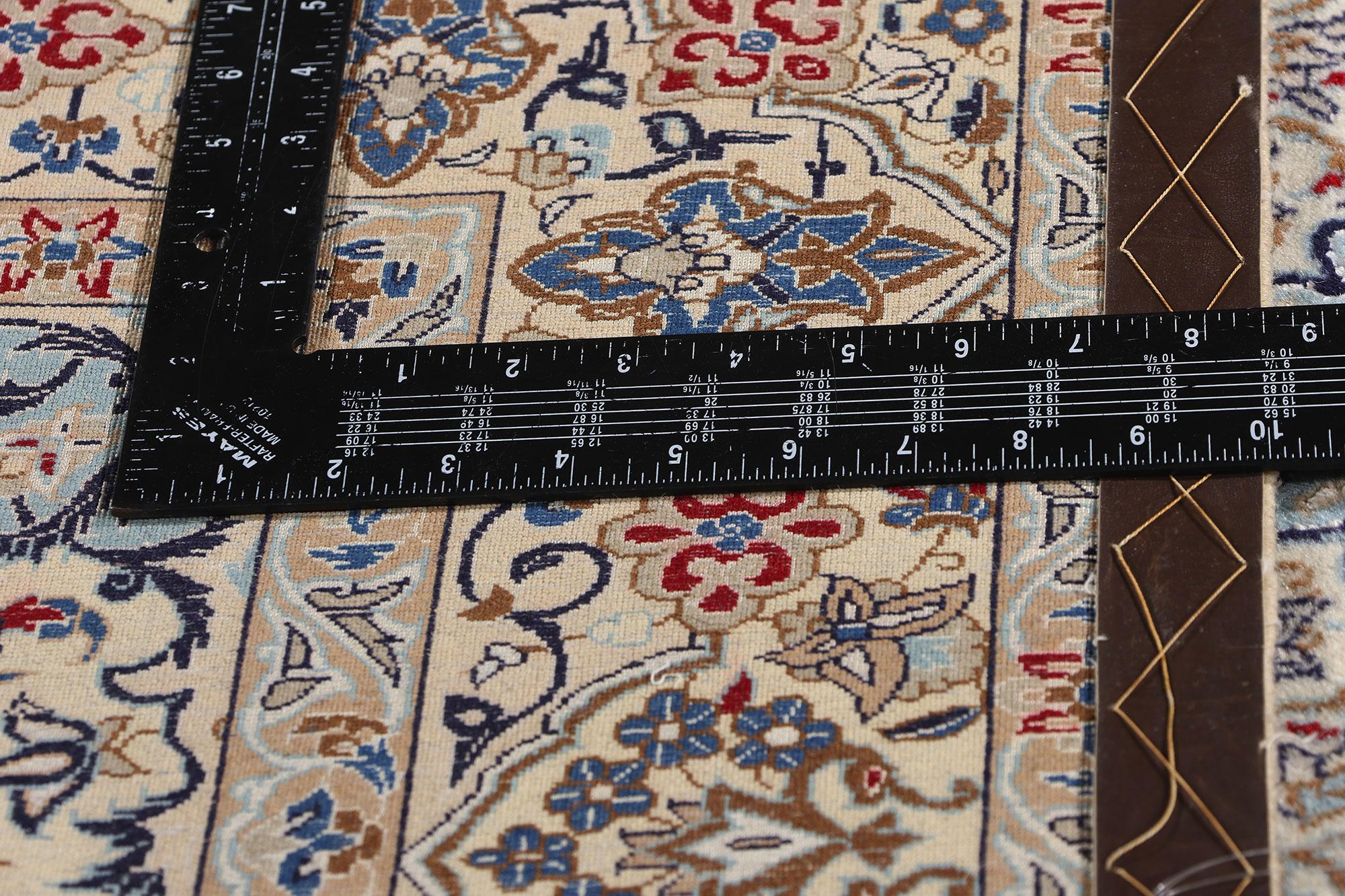 20th Century 1970's Wool and Silk Ivory & Blue Persian Nain Carpet with Modern Style For Sale