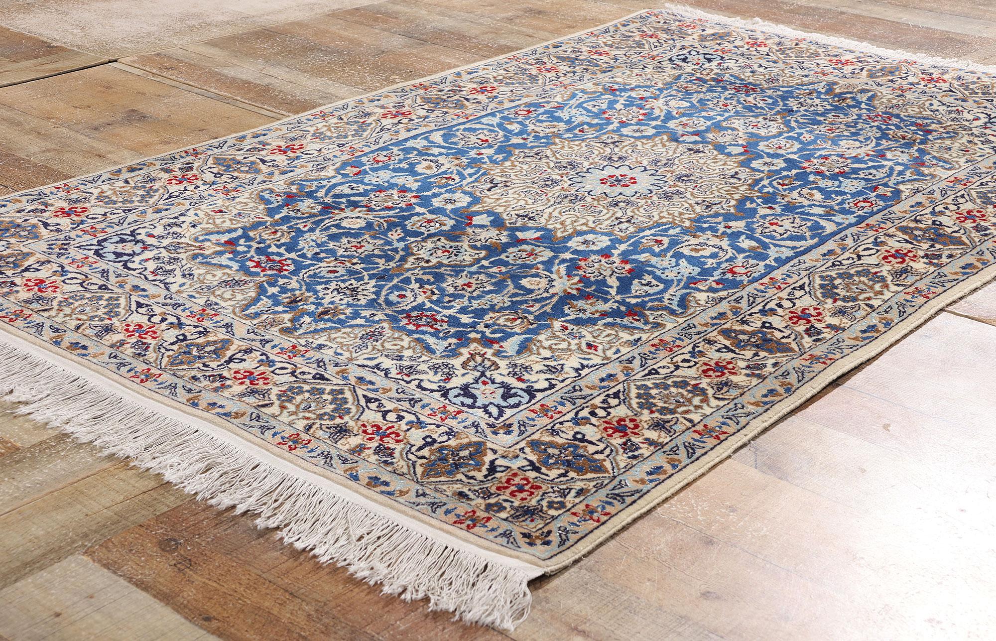 1970's Wool and Silk Ivory & Blue Persian Nain Carpet with Modern Style For Sale 1
