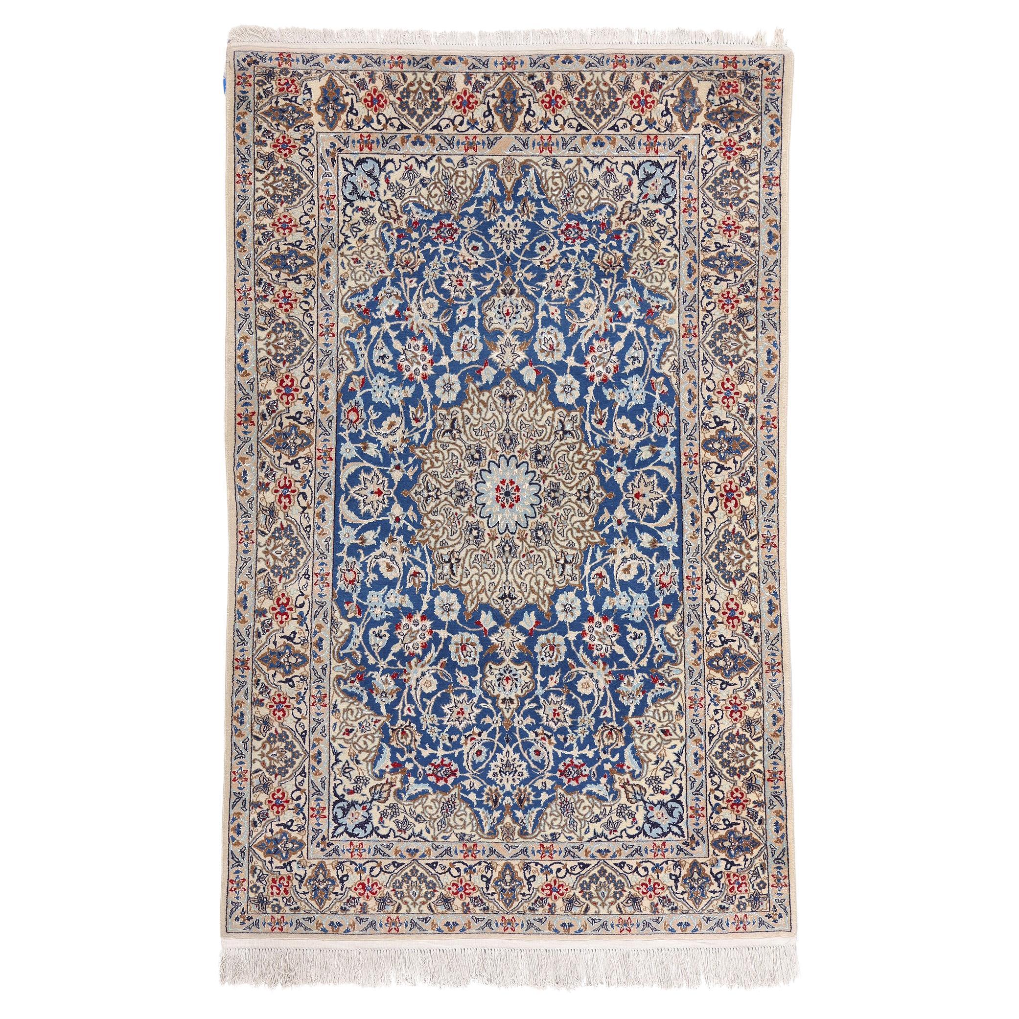 1970's Wool and Silk Ivory & Blue Persian Nain Carpet with Modern Style For Sale