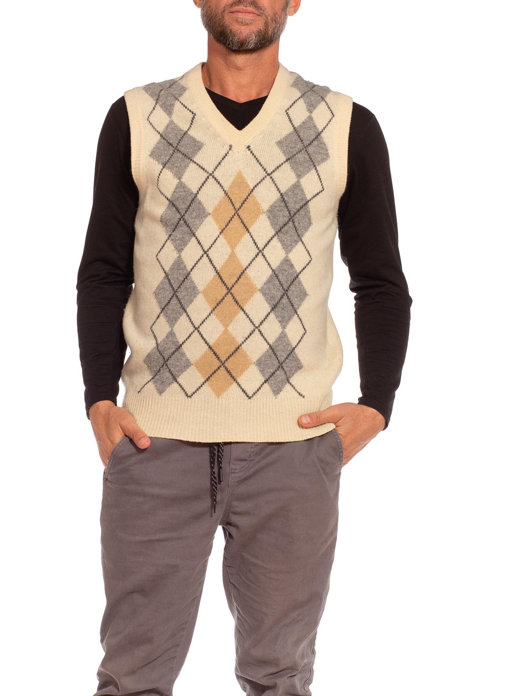 Brown 1970S Wool Blend Knit Argyle Men's Sweater Vest