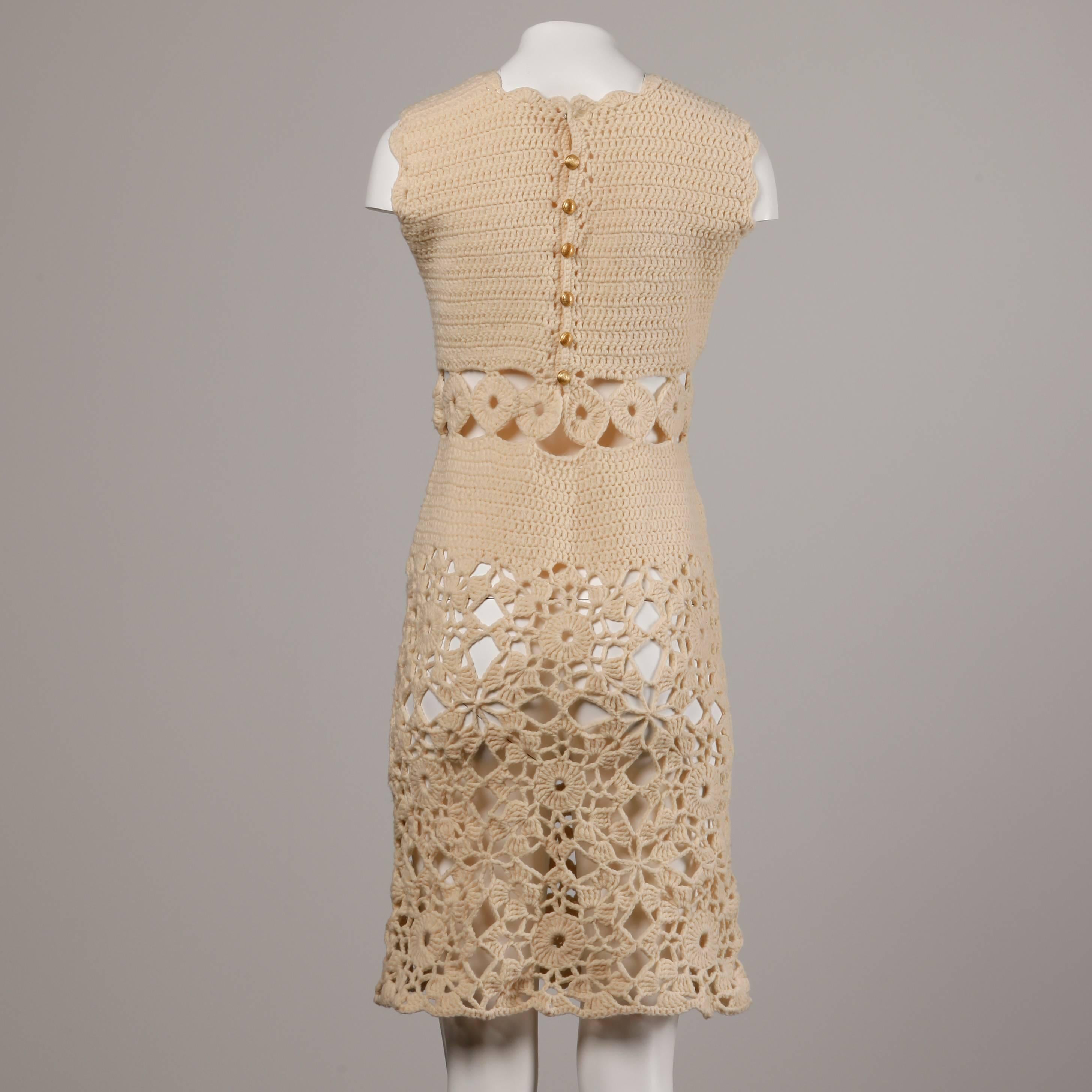 1970s Wool Hand Crochet Dress with Cut Out Midriff In Excellent Condition In Sparks, NV