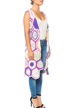 1970S Pastel Wool Blend Crocheted Granny Square Long Vest