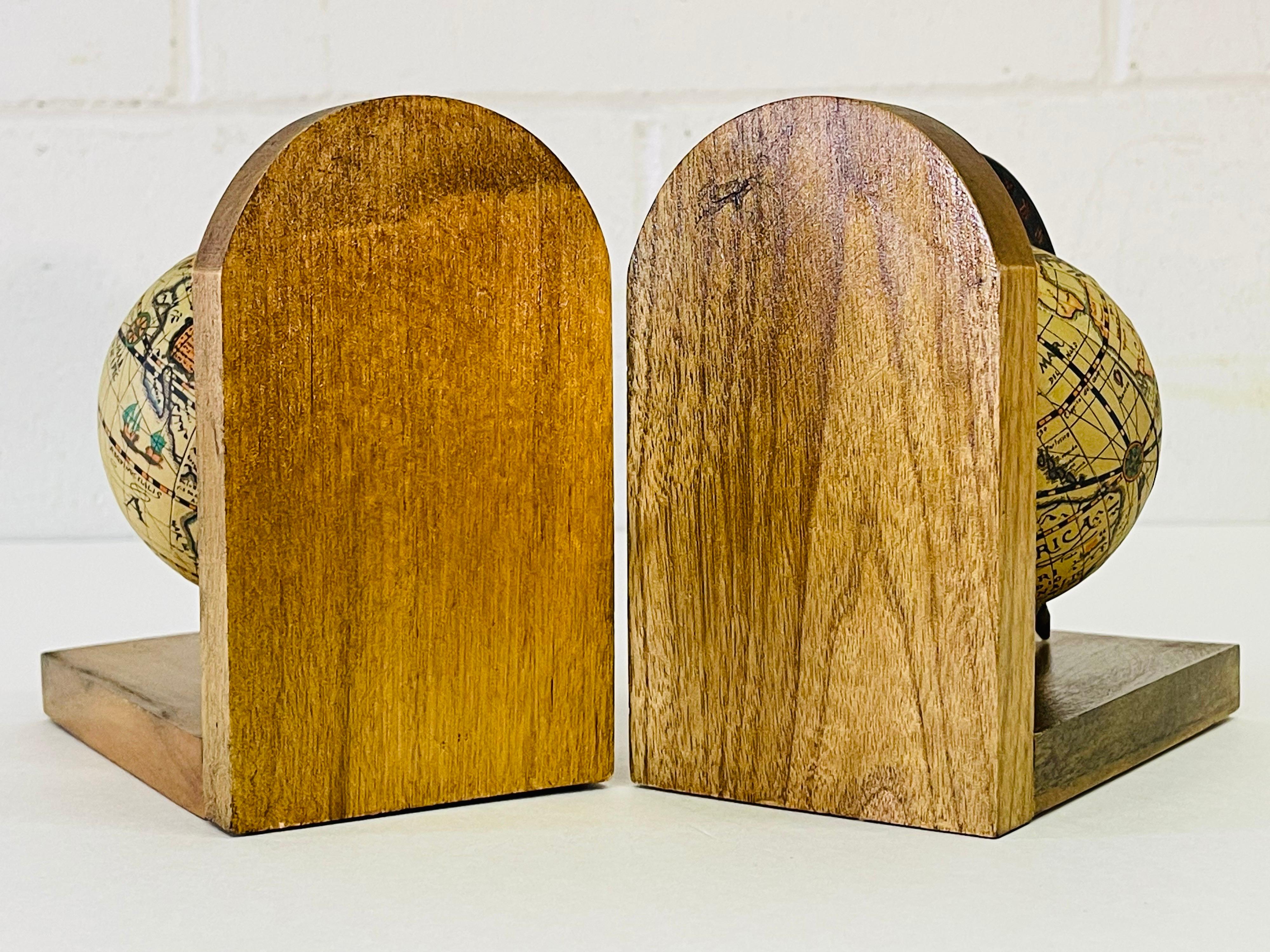 20th Century 1970s World Globe Wood Bookends, Pair