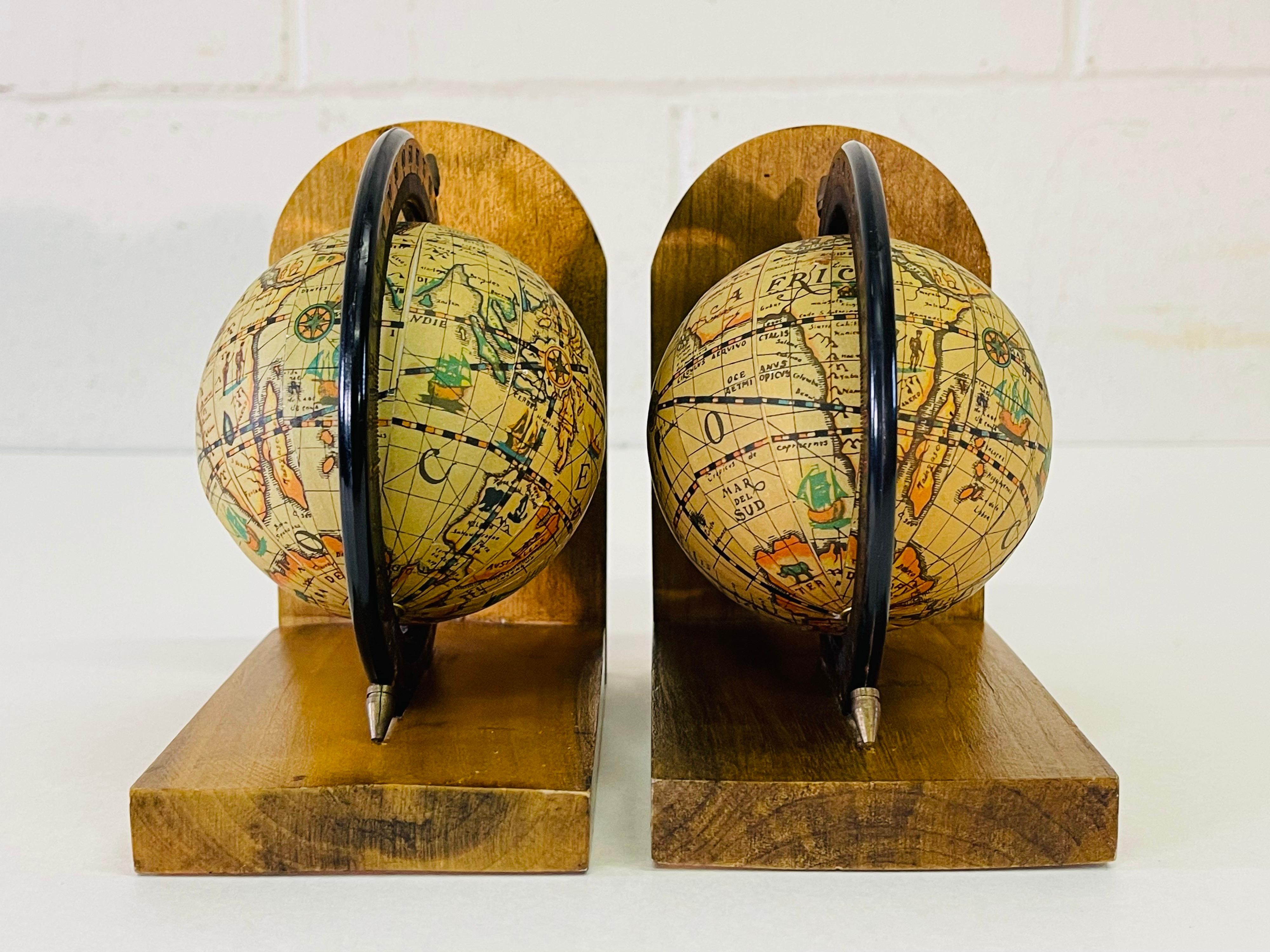 1970s World Globe Wood Bookends, Pair 1