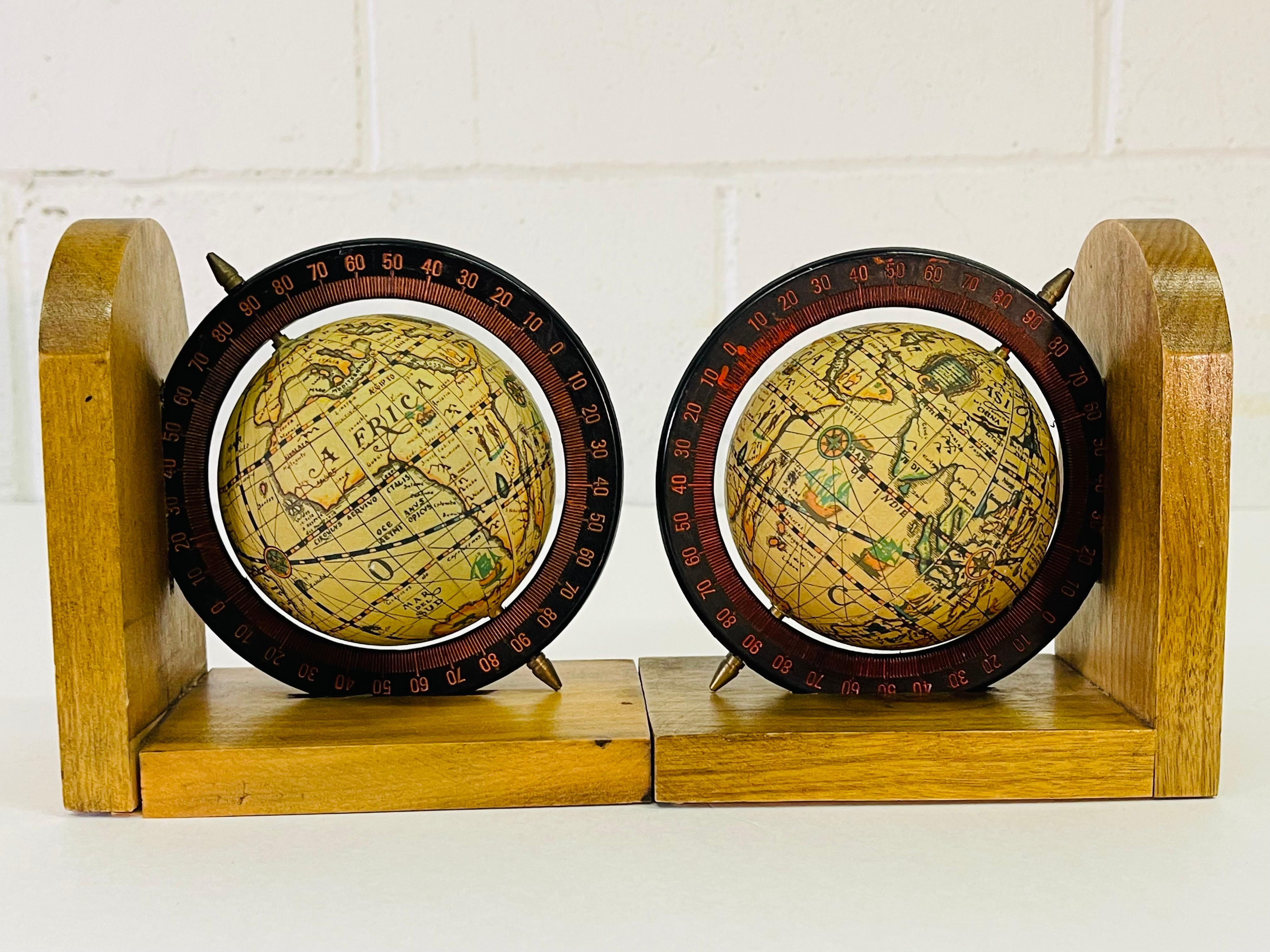 1970s World Globe Wood Bookends, Pair 2