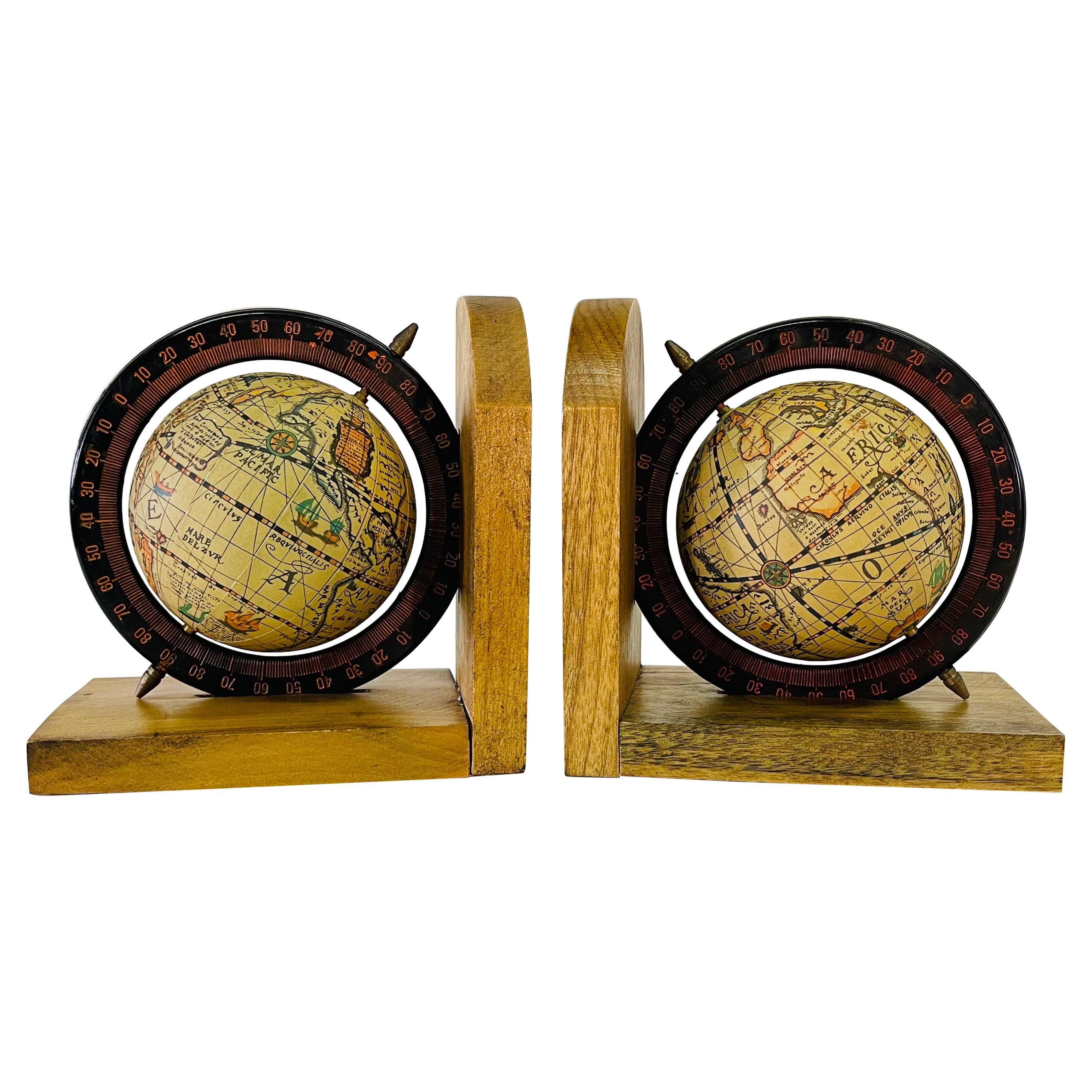 1970s World Globe Wood Bookends, Pair