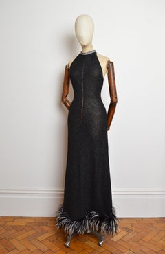 1970's Woven Black Sheer knit Ostrich Feather Ball Gown - Evening Maxi Dress
