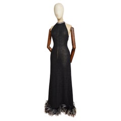 1970's Woven Black Sheer knit Ostrich Feather Ball Gown - Evening Maxi Dress