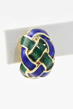 1970s Woven Green and Blue Enamel Gold Earrings